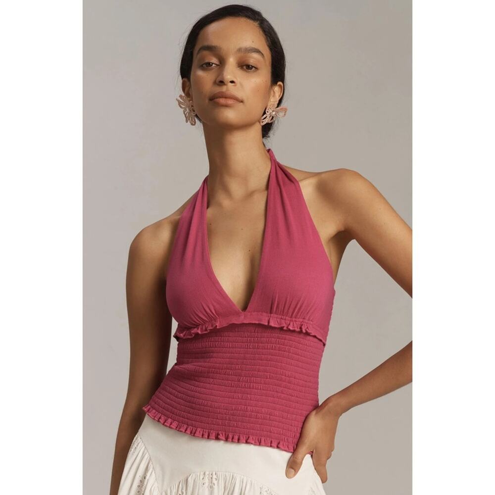 Anthropologie Danica Smocked Halter Tie Tank Top Magenta Pink Size XS